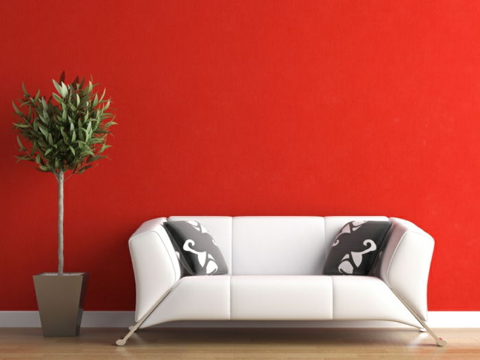 renk iç tasarım-kırmızı duvar-beyaz kanepe