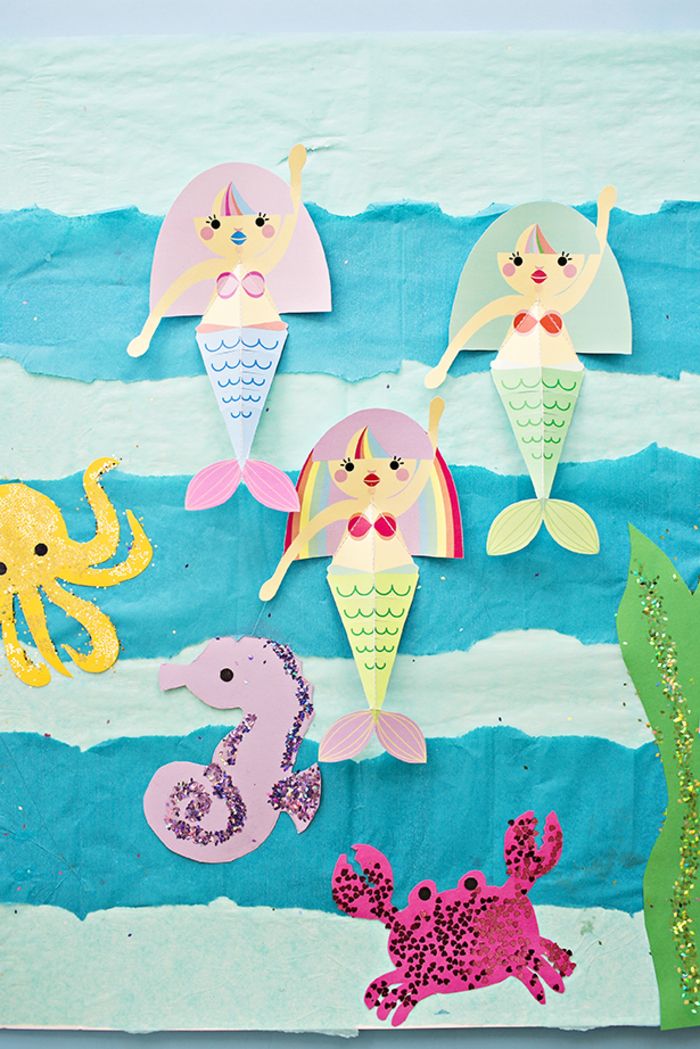Havfrukter, bläckfisk, krabbor och havsportar av papper, roliga aktiviteter för barn
