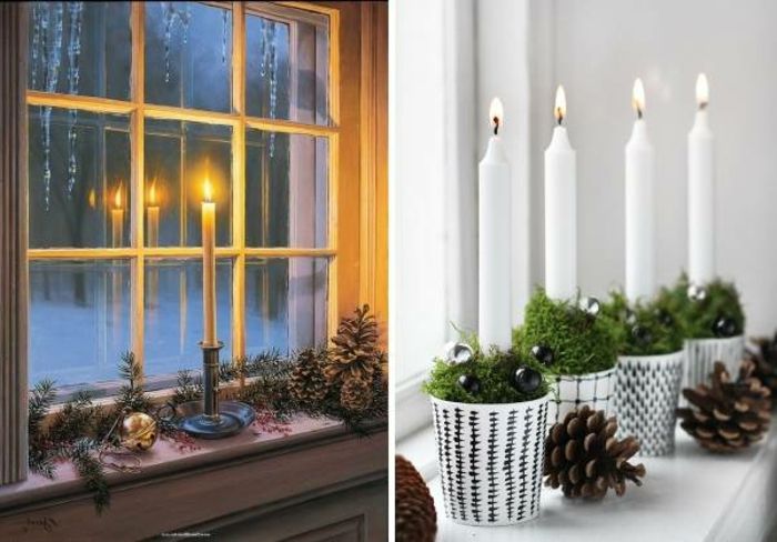 dekorera fotokollage på temat fönster jul - Dekoration gjord av granris och stora koner, stora tänt ljus, svart ljushållare av rostfritt stål, stora jul boll i guldfärg, Widerspigelung ljuslågan i fönstret, fyra tända ljus, placeras i fyra vars pappersmuggar fyllda med grönt gräs och små svarta bollar, fyra små pinnar på den vita vindrutan