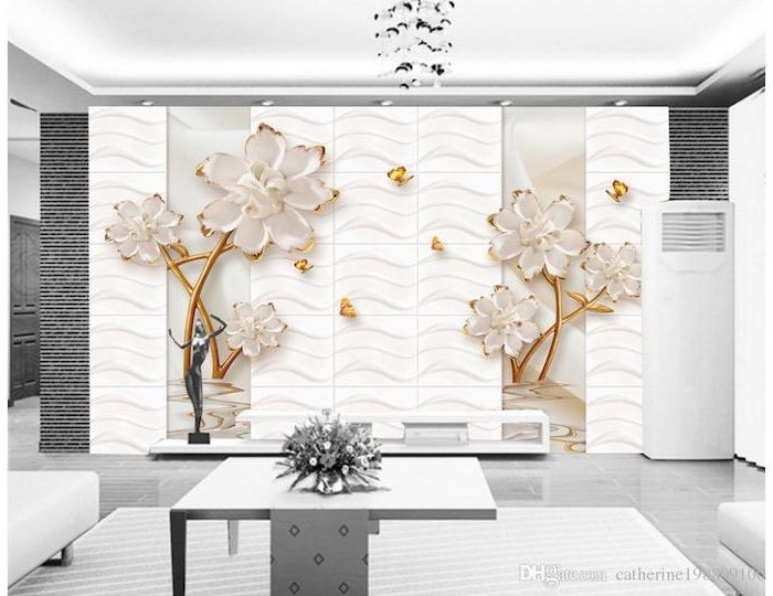tv obývacia stena veľká elegantná kvetinová nálepka ako dekoratívne prvky na stenovej stene dizajnu