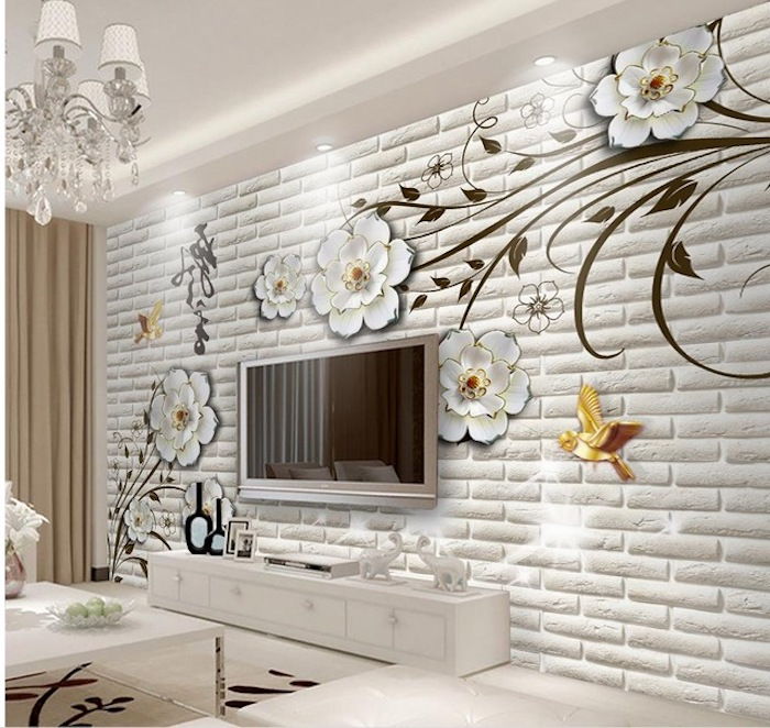tv stena béžová šedá kvetinové motívy nástenné dekorácie deco dekorácie deco tv set kvetinový motív na stene koberec