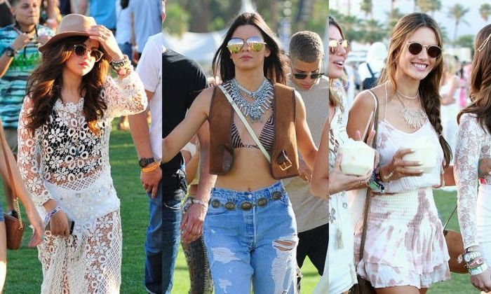 Coachella festival outfit idéer vackra kvinnor i bra kläder jeans och kort väst hatt hatt glasögon topp