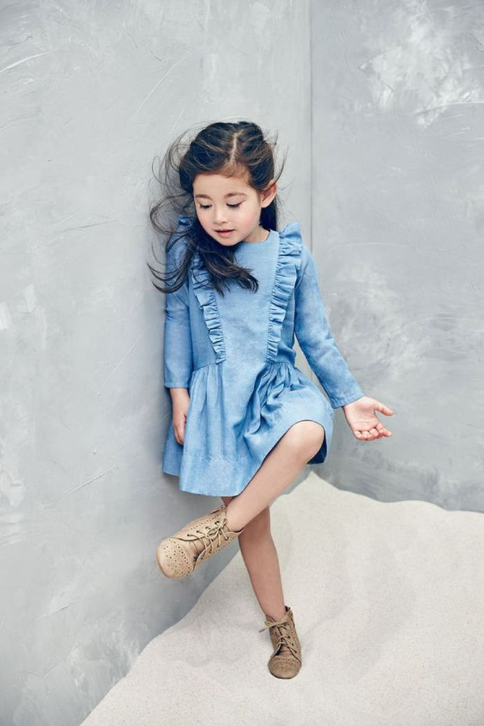 şenlikli çocuk moda, ilkbahar / yaz 2017, uzun kollu mavi elbise