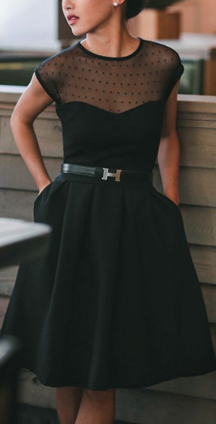festive abbigliamento-donne-nero-vestito-con-pizzo-Guertel tasca interna