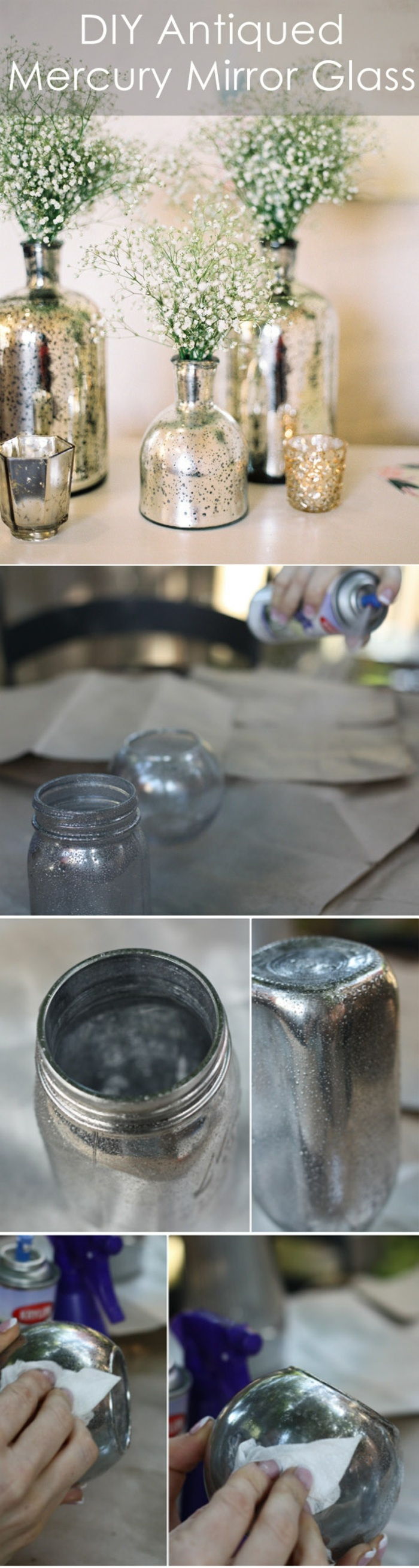 okrasite sami, okrasite steklene vaze s srebrno pršilno barvo