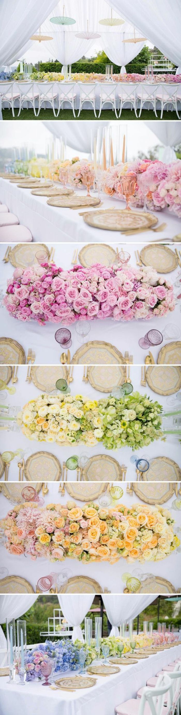 Dekorácie, svadobné dekorácie, dlhý stôl zdobený kvetmi rôznych farieb