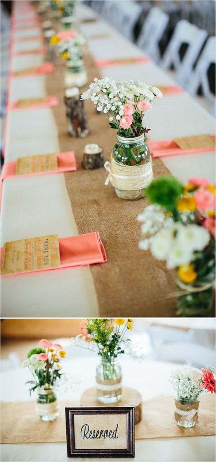 tipy, dlhý stôl, obliečka na prádlo, kvety, poháre na konzervovanie pohárov