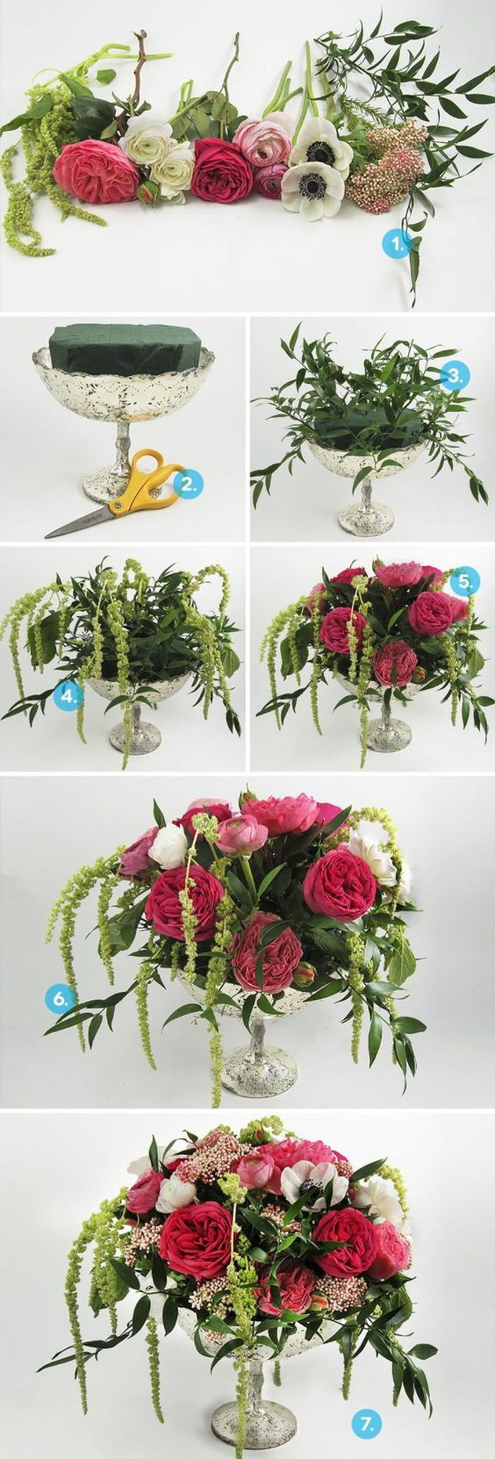 tipy, strieborná váza, huby s ružami, kvety usporiadať