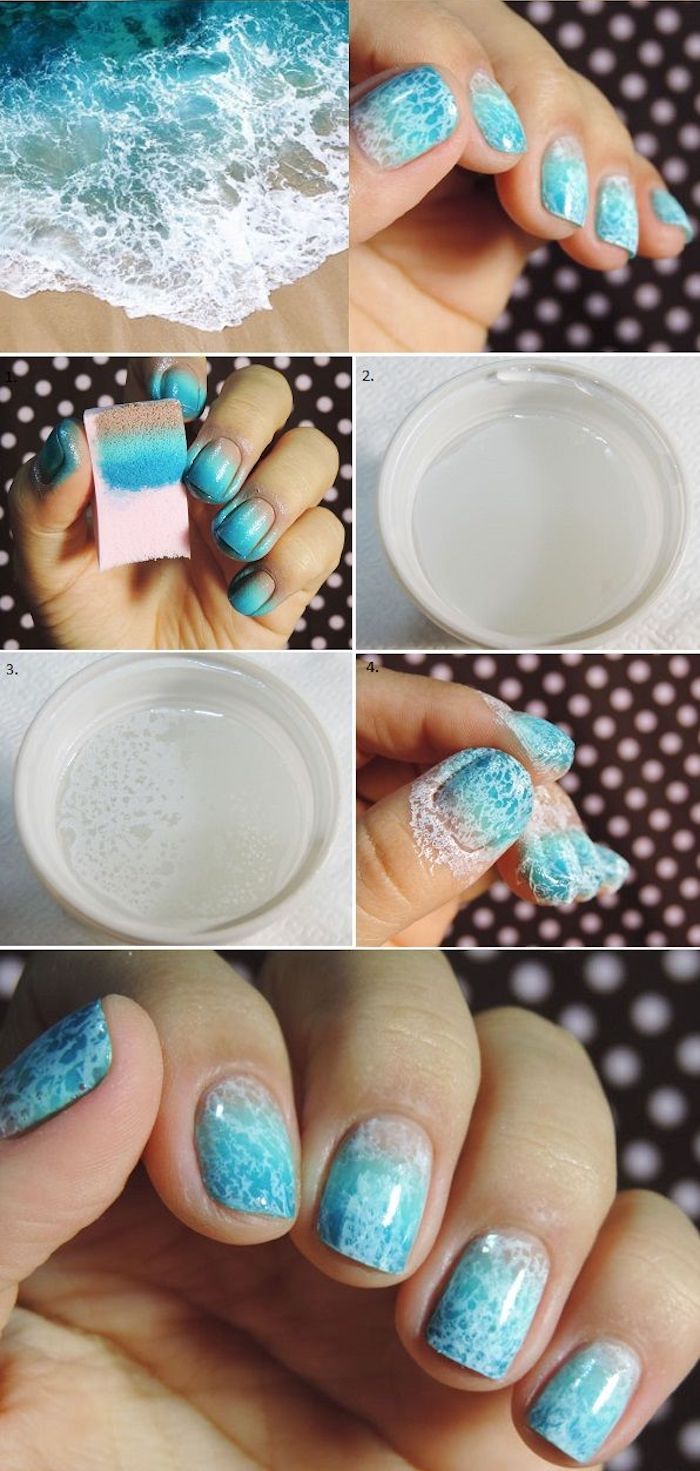 fingernails mönster, somer nagel design i vitt och blått, vatten vågor