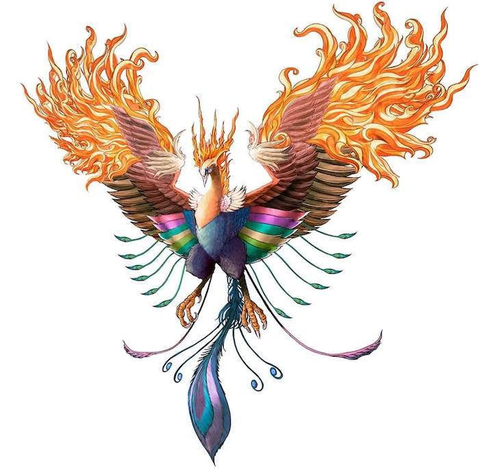 eskizas su spalvinga plaukiojančio Fenikso tatuiruotė su violetine, mėlyna, žalia ir geltona plunksnais ir deginančiais sparnais