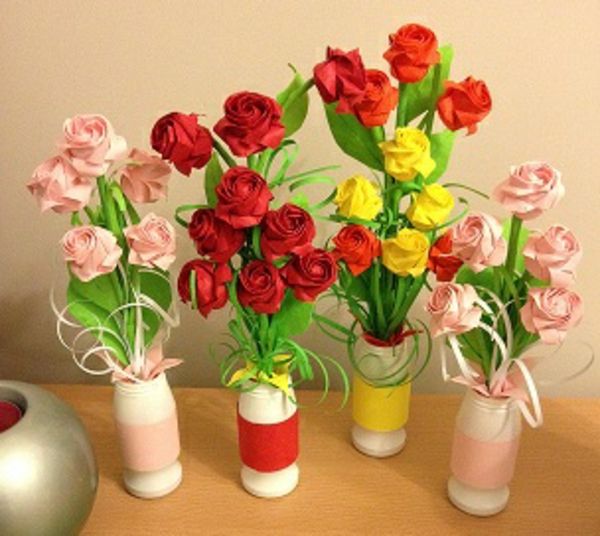 vazos-gėlės-Origami-spalvinga