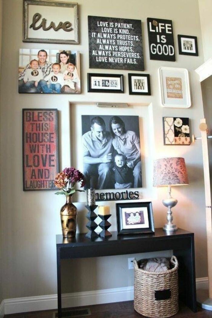 en collage av familjefotografier och väggfraser