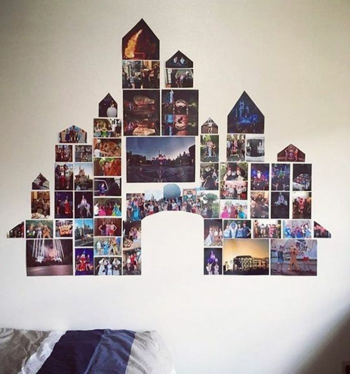 Foto collage av bilder i olika former och storlekar i form av ett slott