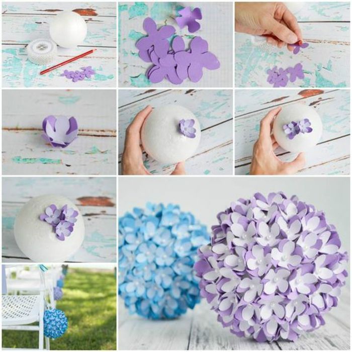 amatų idėjos pavasarį, putplasčio kamuolys su violetinėmis gėlėmis iš popieriaus
