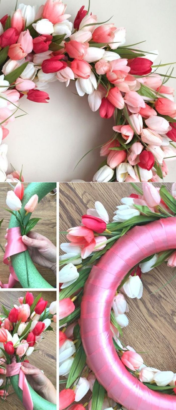 Udekoruj wieniec tulipanami, pierścionkiem, różową kokardą