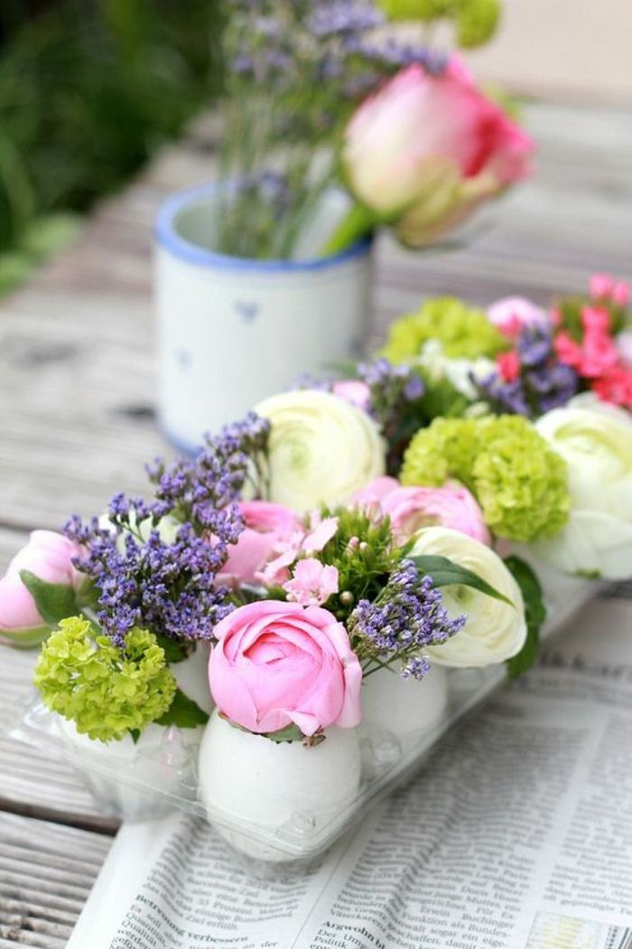obrti idej pomlad, vaze iz jajčnih lupin, cvetje, okrasne mize
