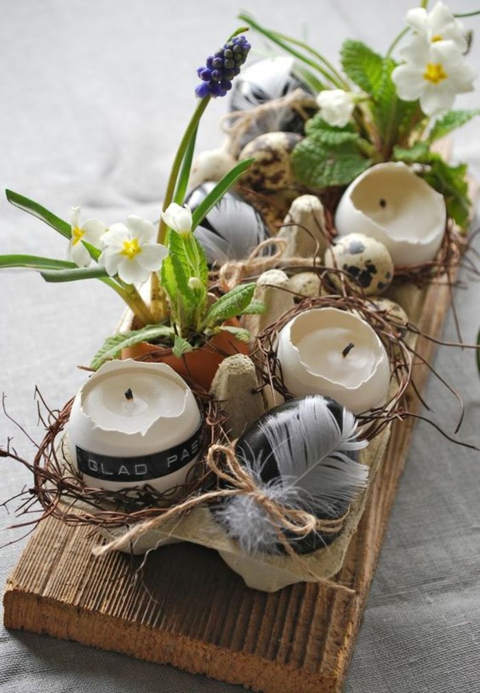 amatų idėjos pavasarį, žvakių laikiklis pagamintas iš kiaušinių lukštų, gėlių, stalo dekoravimas