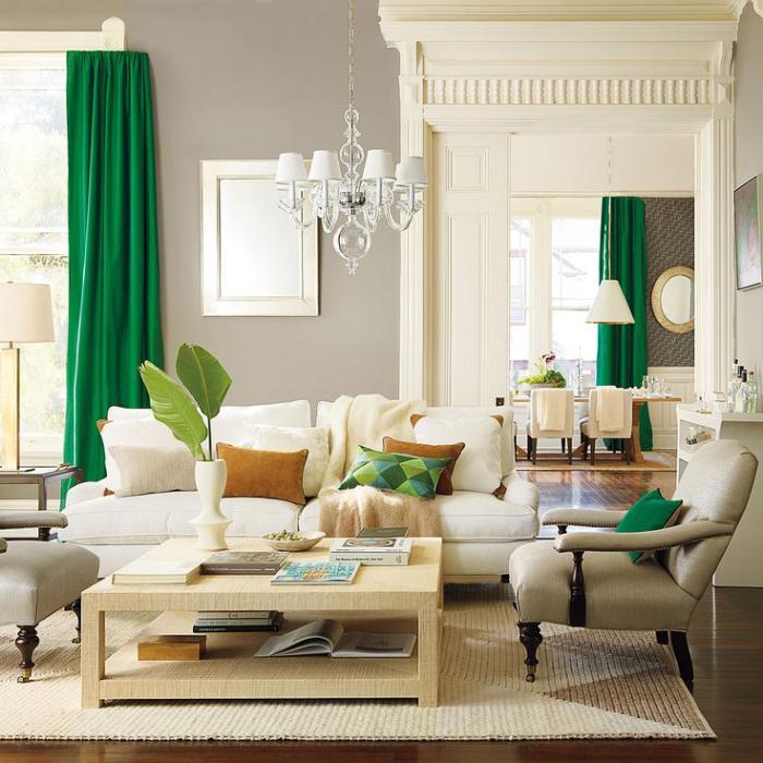 färsk vardagsrum-inredning-gröna gardiner Square soffbord trä