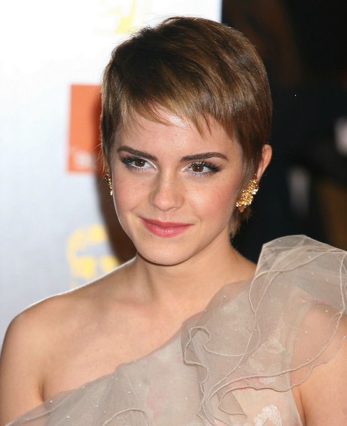 stilingi trumpi plaukai - tai Emma Watson šukuosenos pavyzdys su natūralia ruda spalva