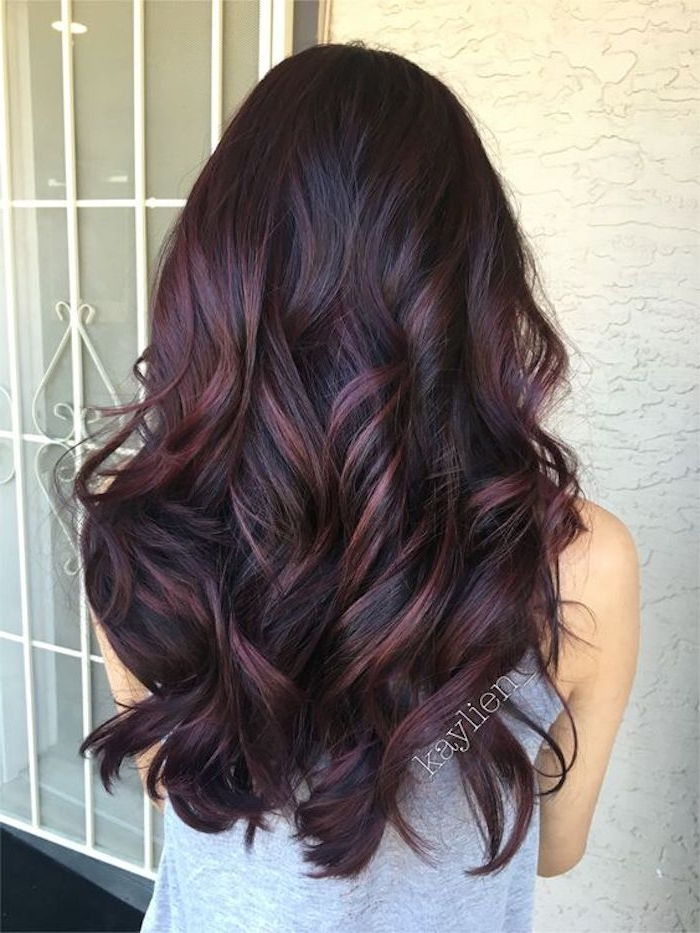 penteados legal, preto, cabelo encaracolado com fios roxos, corte de cabelo