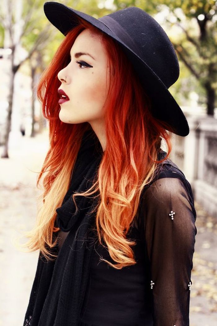 penteados halflong, blusa preta, chapéu, cabelo vermelho, efeito ombre