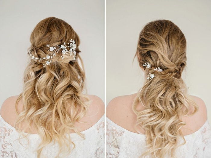 Două coafuri pentru păr ondulat, accesorii de păr de argint cu flori albe mici, păr blond închis