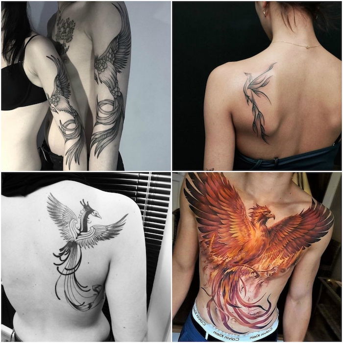 människor med phoenix tatueringar - en ung kvinna med en liten svart tatuering med en flygande phoenix och en man med en stor orange phoenix