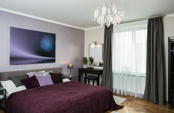 perdele Jaluzele-pictura-dormitor de perete-violet-așternut