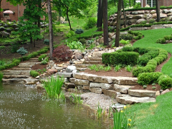 trädgård-med-en-damm-trädgård-trappor-självbyggande-vackra naturmiljö
