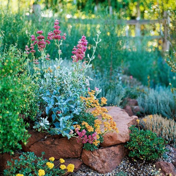 Sodas su daugeliu žalių augalų, akmenimis ir spalvingomis gėlėmis
