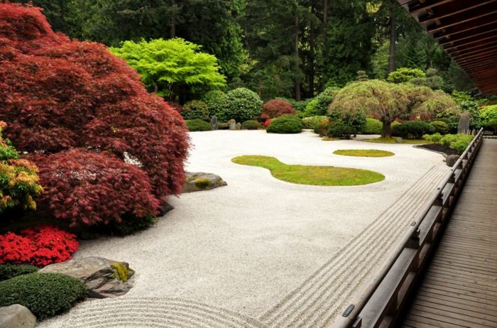 Farklı renklerde döşeme ve birçok bonsai ağaçları gibi kum - modern bahçe tasarımı