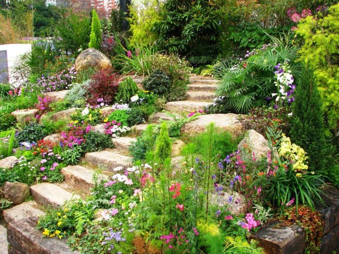 vrtne rastline za enostavno nego - barvita cvetja in stopnice iz kamna