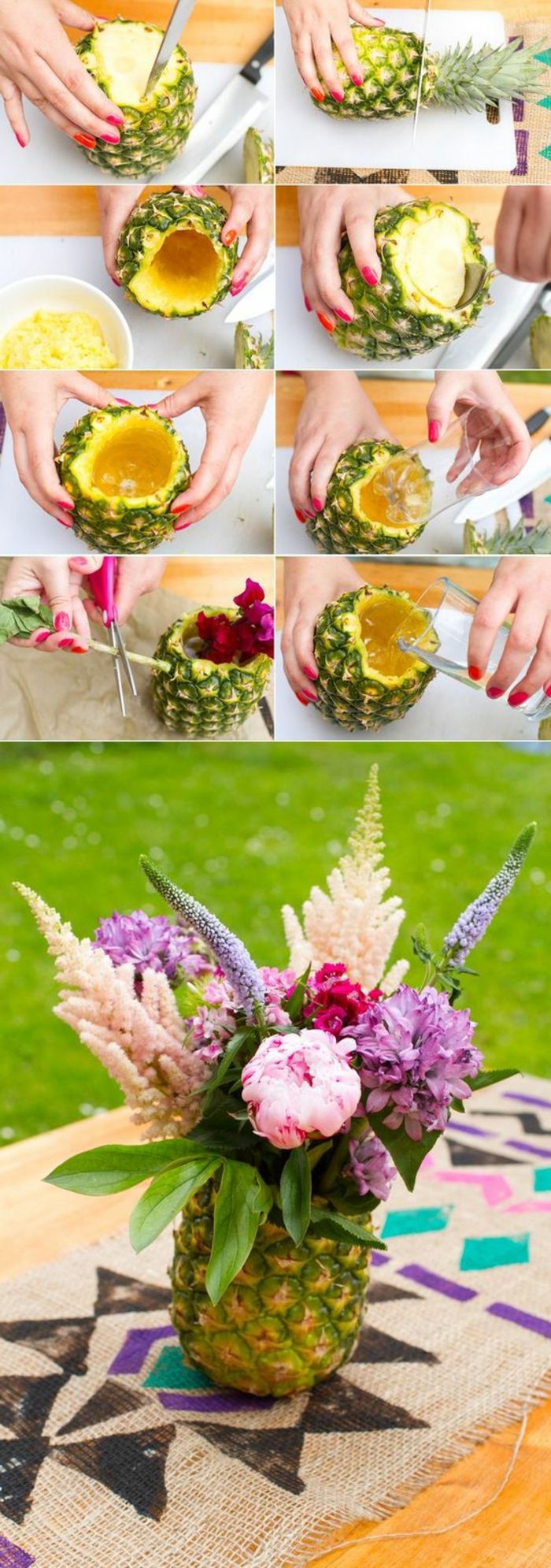deco poletna zabava, izdelava vaze iz ananasa, cvetje