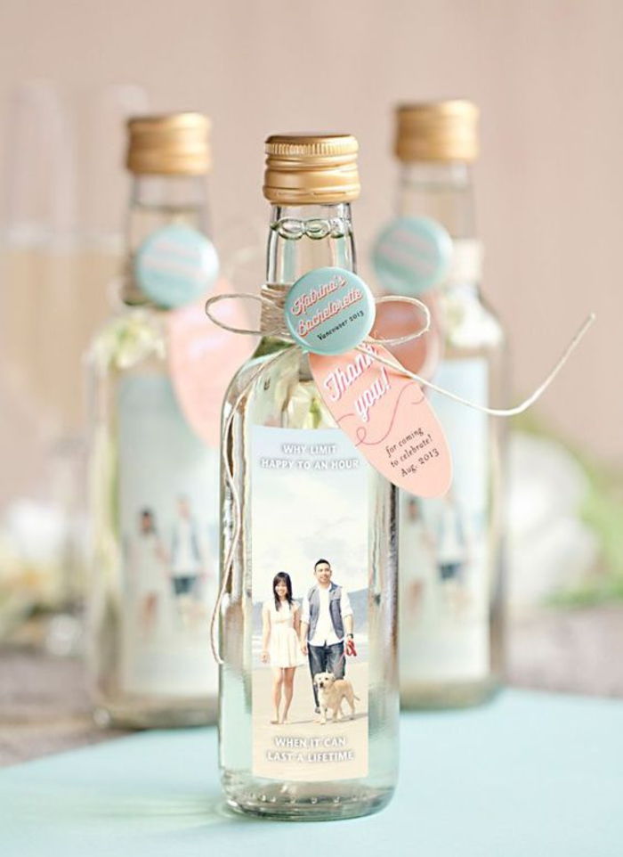 upominki na przyjęcia, wesele, szklana butelka, zdjęcie, baendchen, ze spersonalizowaną etykietą