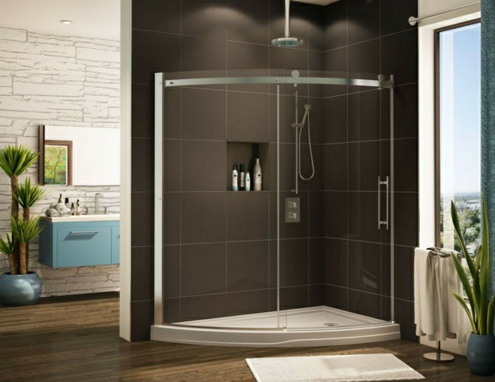 zakrzywiony ekran prysznic czarno-niebiesko-dachówka umywalka szafka Lustro doniczka