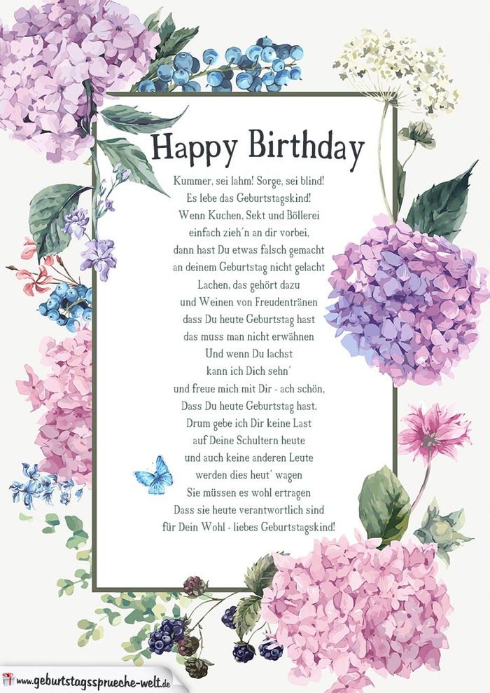 vakkert bursdagskort med blomster og sommerfugler, et dikt for en bursdag