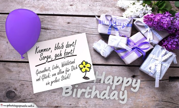 Födelsedagsgrattis, små presenter, en ballong och lila, lila tema
