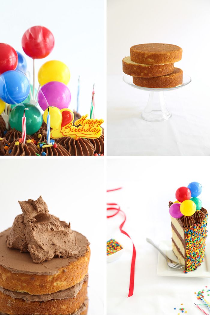 decorare la torta di compleanno con glassa al cioccolato, palloncini e granelli