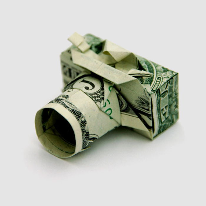 Iz bankovcev, zložite fotoaparat, si sami ustvarite darila za denar, ustvarjalne ideje za kopiranje