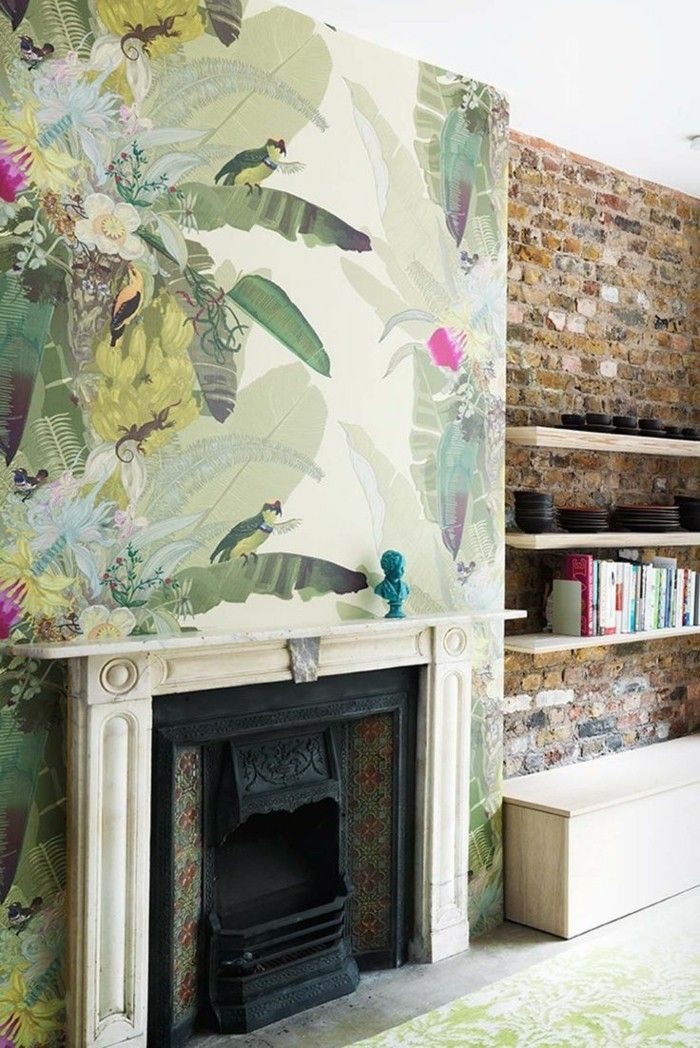 cameră confortabilă șemineu cărămidă perete-frumos-tapet păsări flori Natura