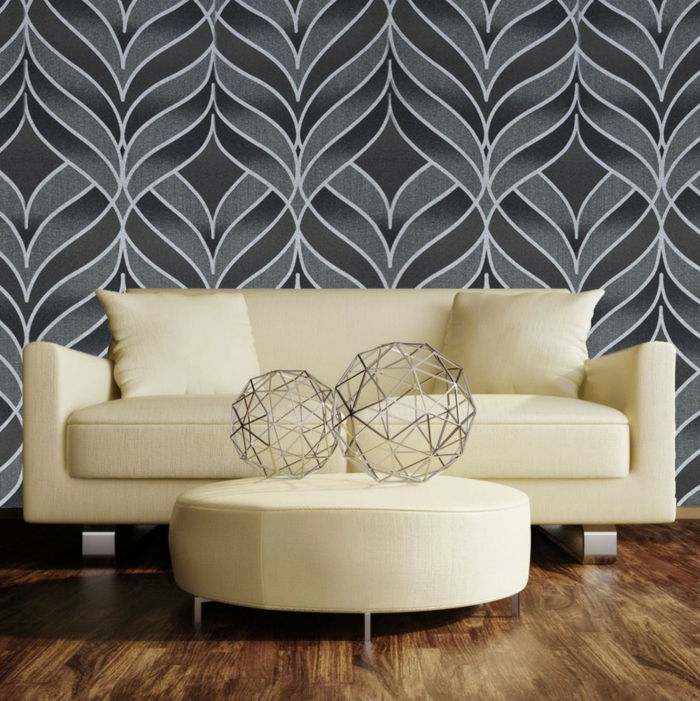 jaukus interjeras, sferos, nuo-metalo sofa-taburetė-retro tapetai pilka atspalvių