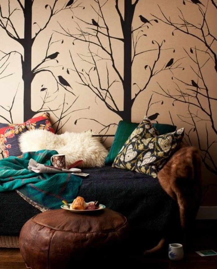 accogliente camera da letto Argomenti Boho disegno decorazione della parete della foresta
