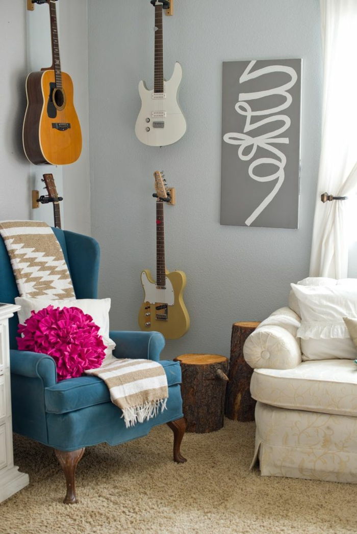 udobno dnevno sobo fotelj-s-lep design umetniško-Mural elektronsko-akustična kitara-to-the-stene