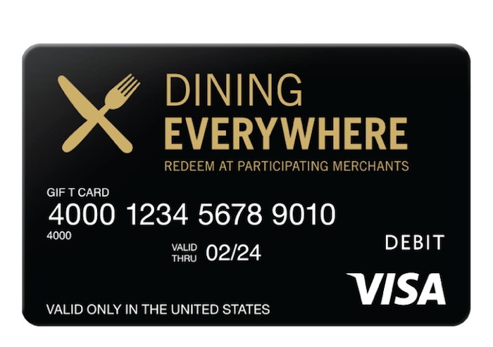 Karta podarunkowa na kolację w różnych restauracjach przez cały rok, Visa Dining Everywhere, czarna kartka ze złotymi i białymi literami oraz znak dla restauracji w lewym górnym rogu