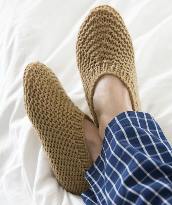 strikkede tøfler menns brun Håndlaget modell
