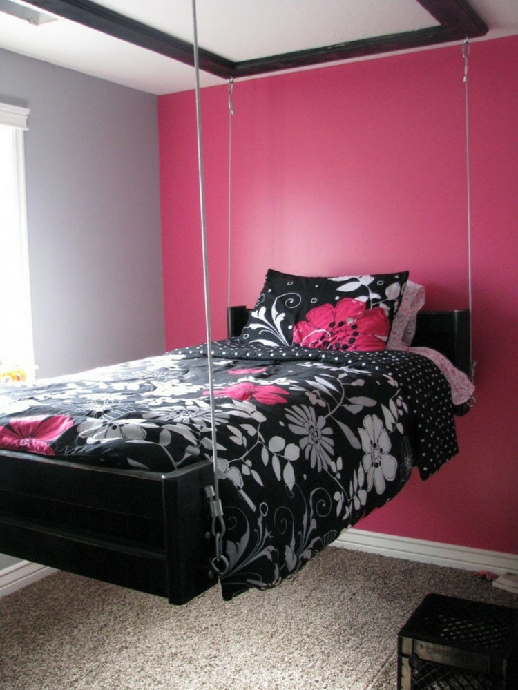 visi-posteljna-v-črno-roza-roza-cvetno-vzorec-elegantna-žlahtne deisgn sodobna