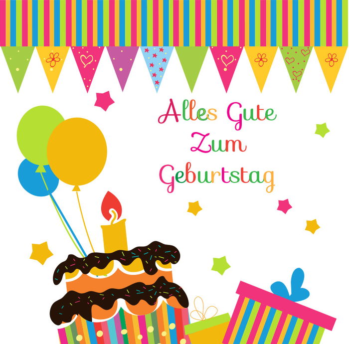 Bursdagskort i lyse farger, kake, gaver og ballonger, gratulerer med dagen