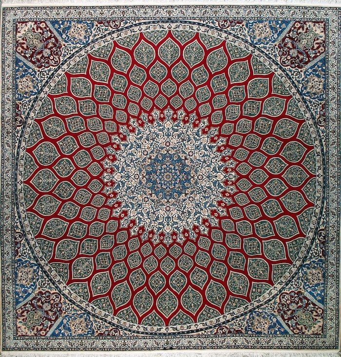 covor turcoaz idee pătrat covor cu forme rotunde decoratiuni mozaic roșu