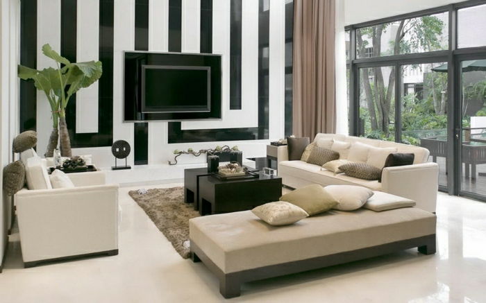 Minunat elegant salon-interior-design-negru alb-TV-panou de perete-modern-kaki-canapea-set-cu-simplu-lemn de culoare închisă-cafea-masă de desen-room-inte
