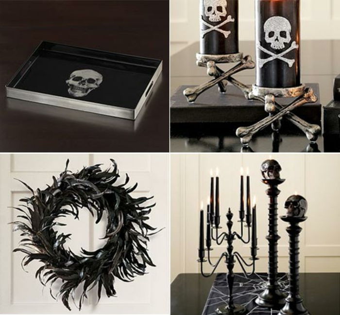 Plate de servire cu craniu, lumanari negre cu cranii, coronite metalice negre, sfeșnice din metal